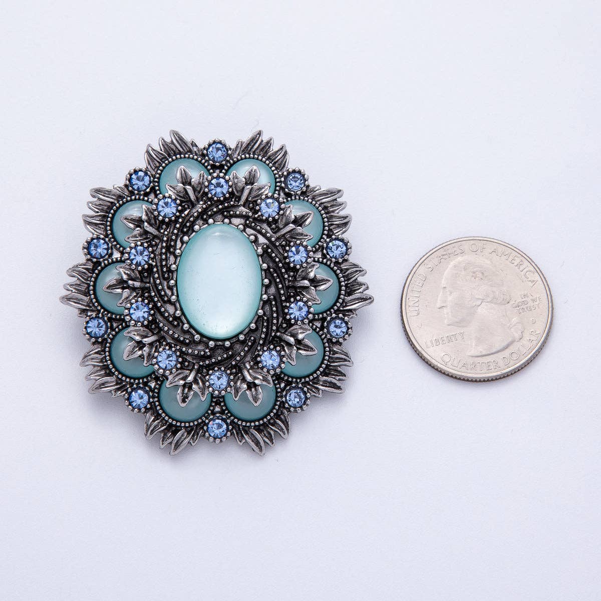 Vintage Antique Silver Flower Brooch Aqua Blue Turquoise Crystal Pin | BH-002 Aim Eternal