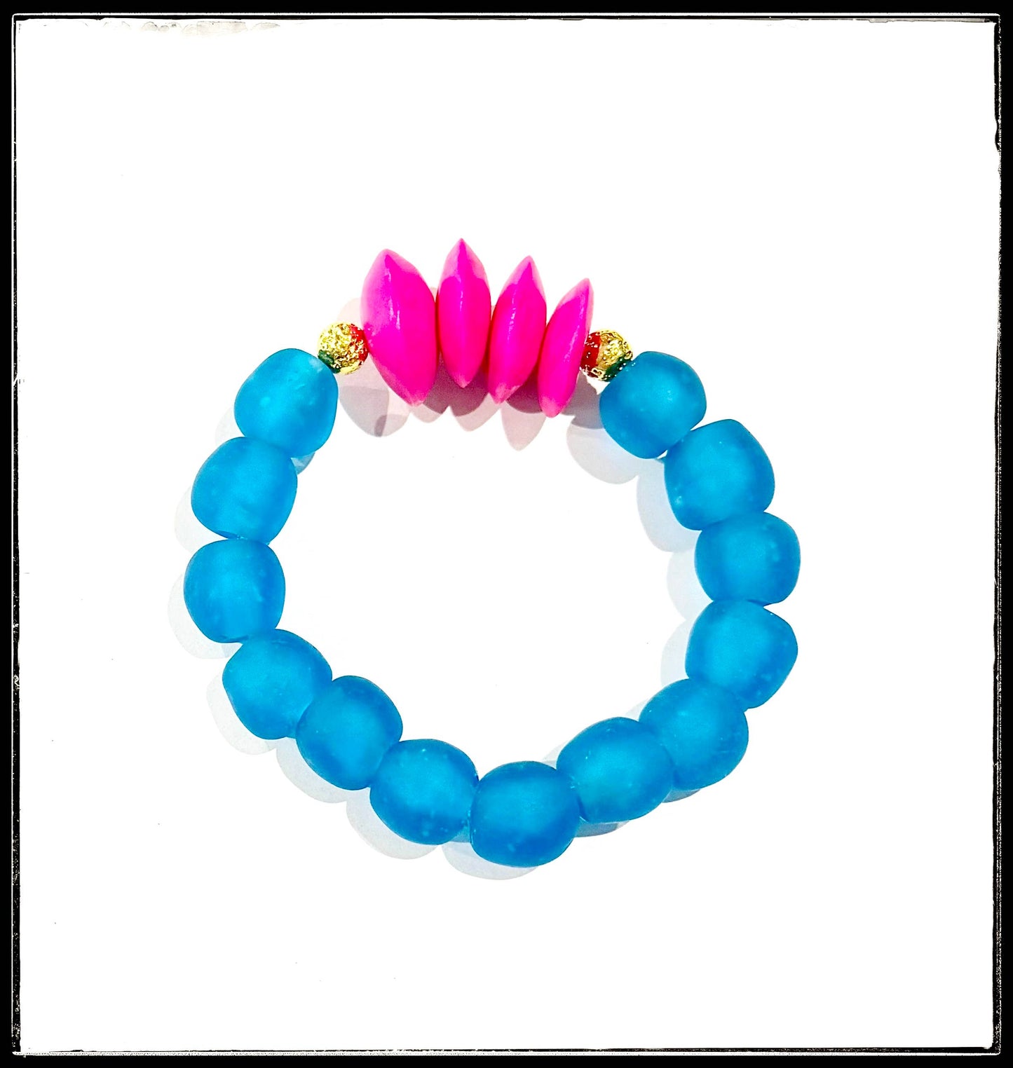 African Bone Recycled Glass Bead Stretch Bracelet Pink Blue Stretch Bracelet