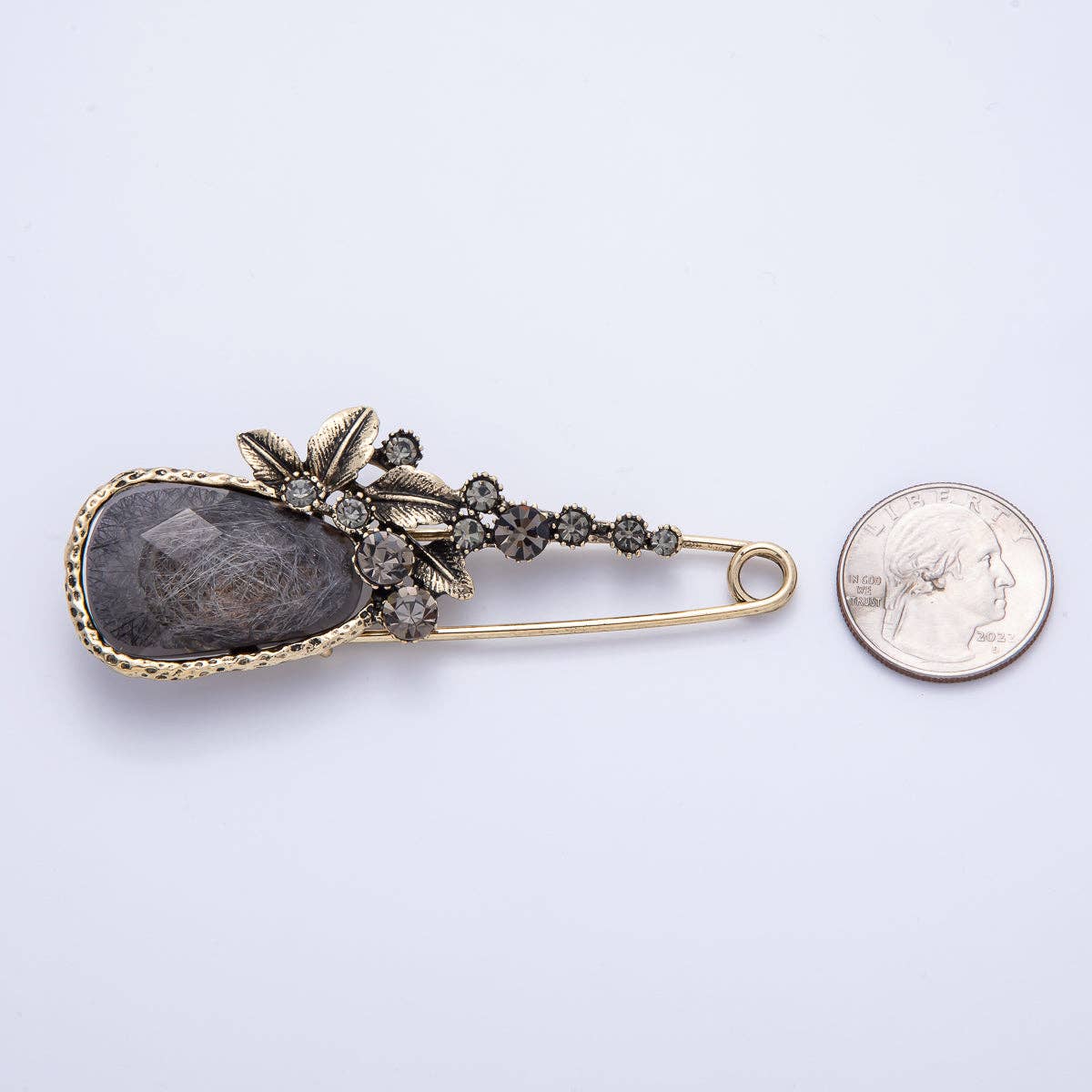 Dark Rhinestone Flower Safety Pin Brooch | BH-068 Aim Eternal - Vintage Gold 82mm x 31mm