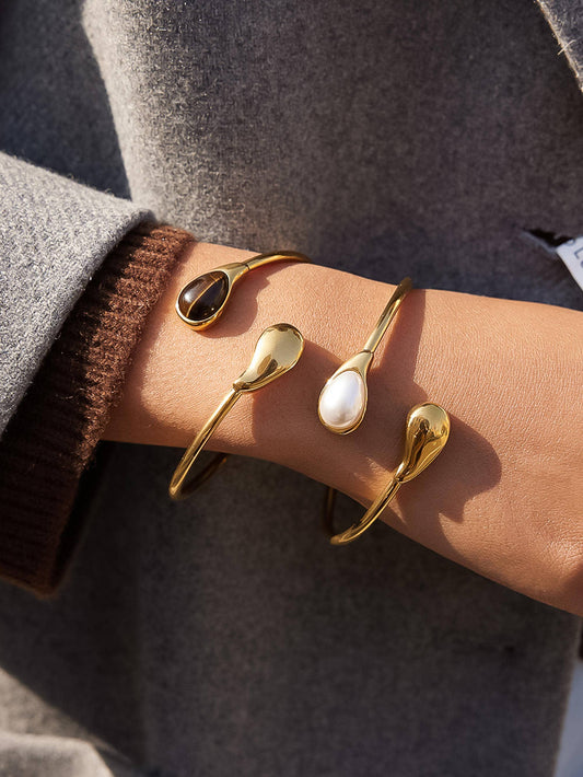 Harbor 18K Gold Non-Tarnish Open Cuff Stone Bracelet - Flânerie