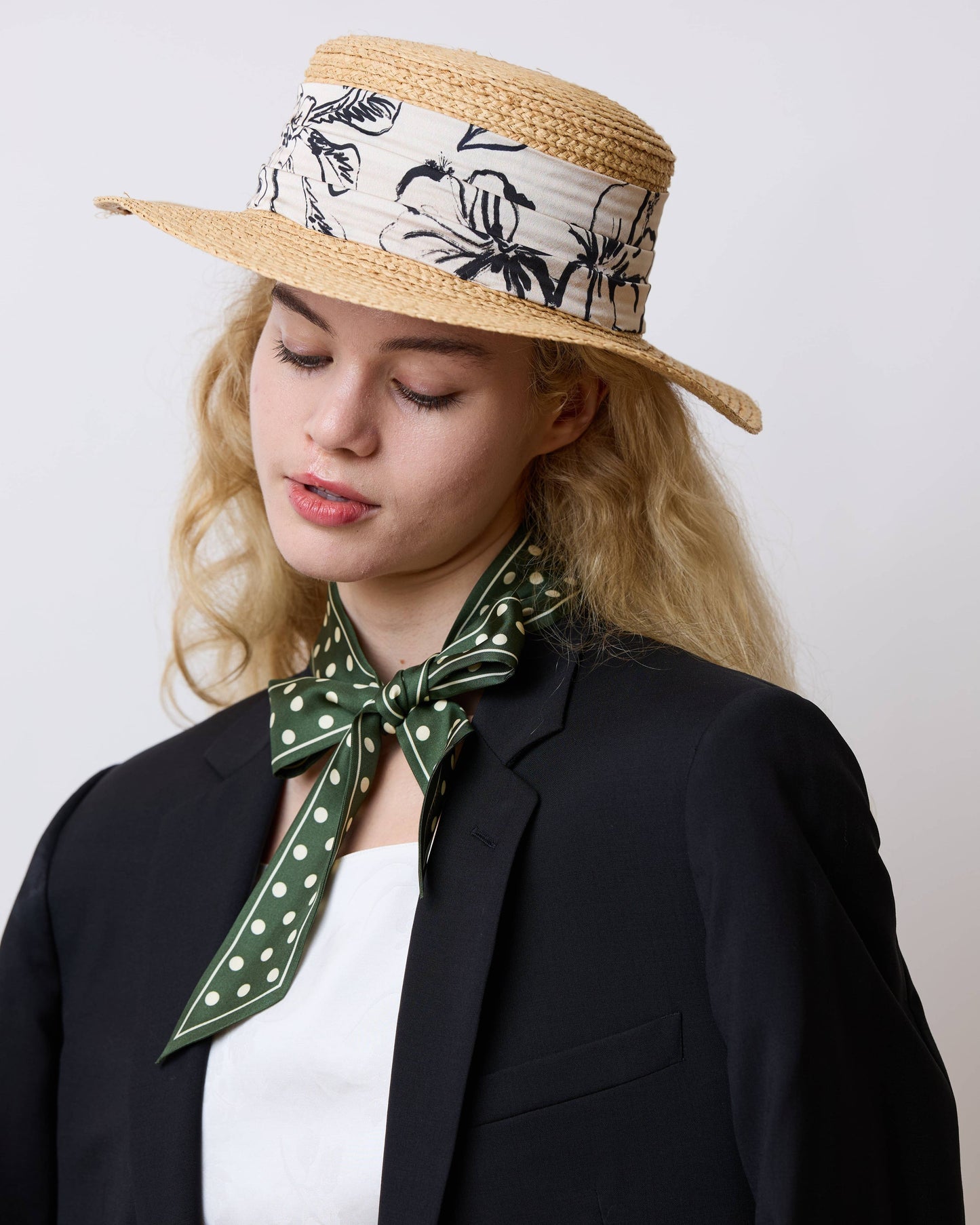 Retro Polka Silk Skinny Scarf - Dark Green Lost Pattern NYC