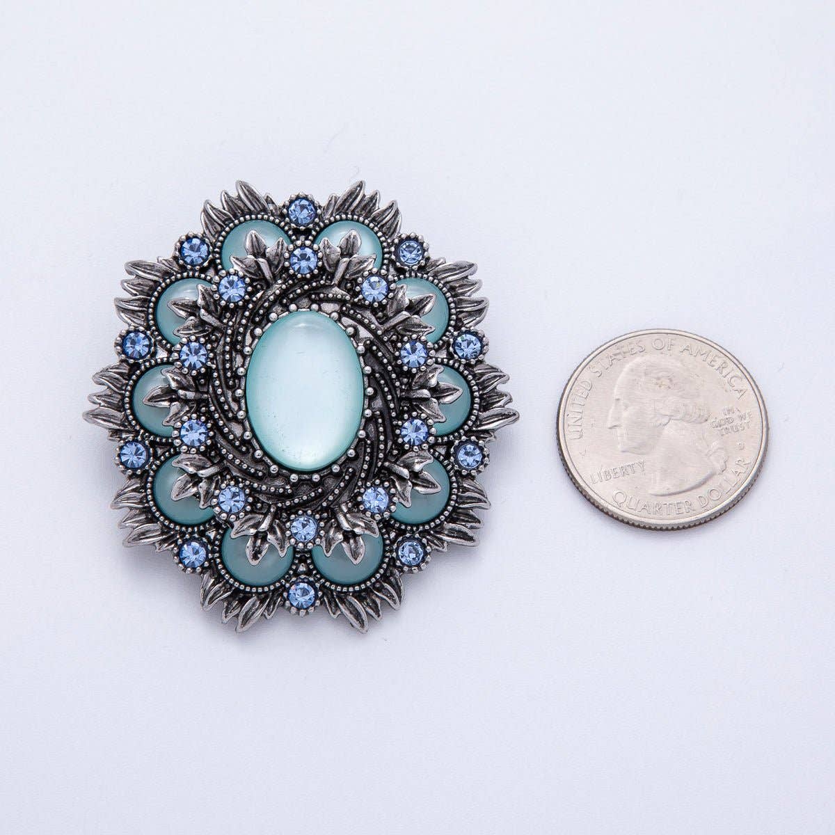 Vintage Antique Silver Flower Brooch Aqua Blue Turquoise Crystal Pin | BH-002 Aim Eternal