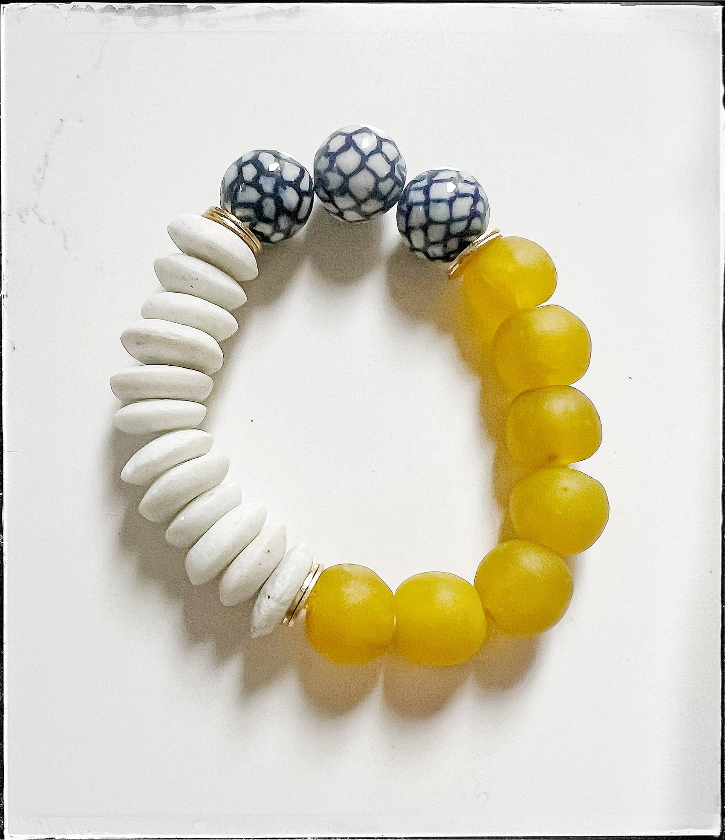 Yellow Recycled Glass Ceramic Chinoiserie Stretch Bracelet