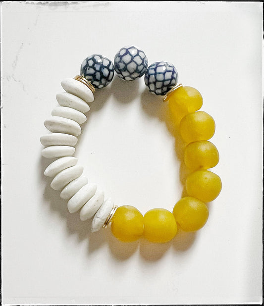Yellow Recycled Glass Ceramic Chinoiserie Stretch Bracelet