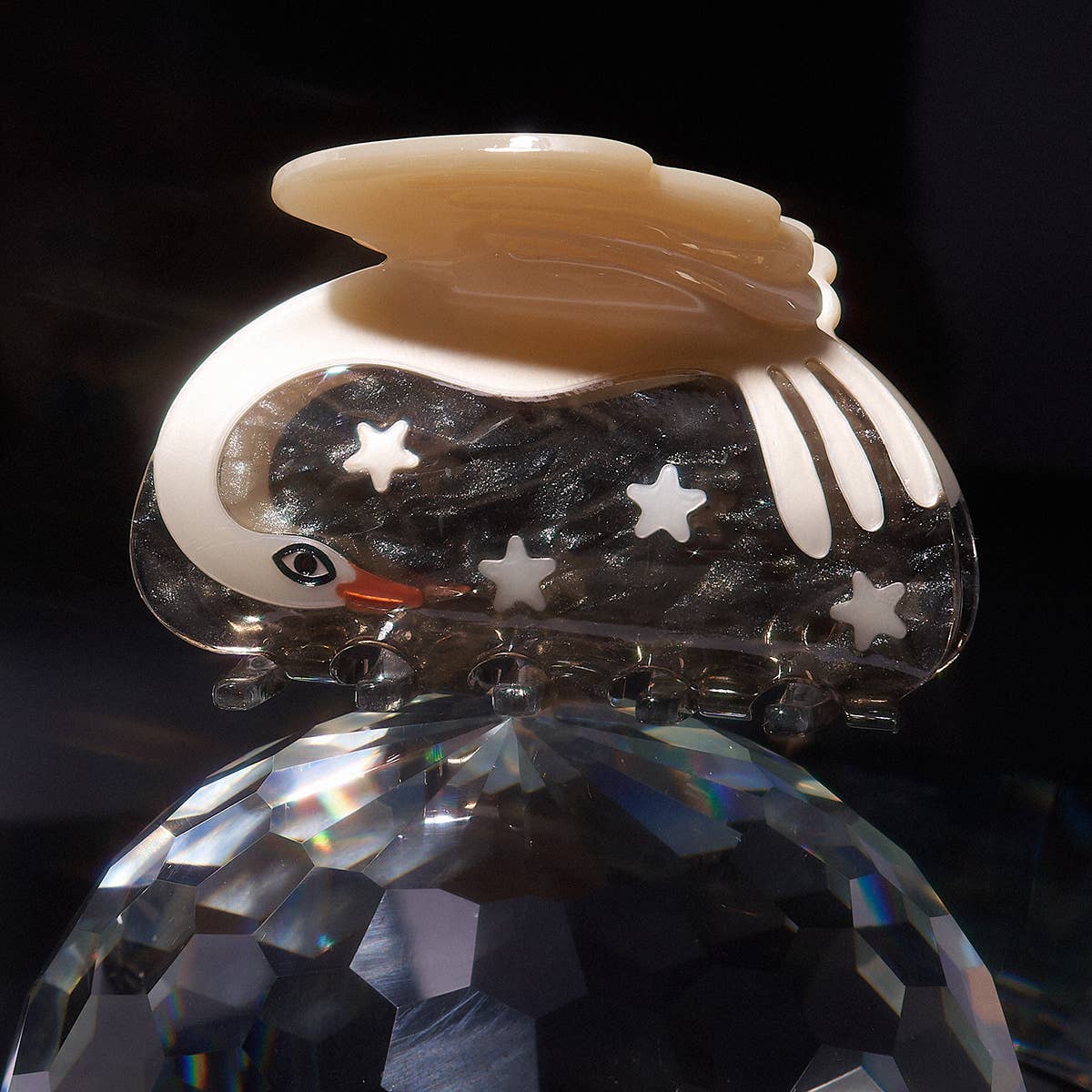 Cygnus Claw - White Acetate Swan and Stars Sparkly Hair Clip