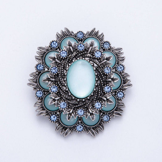 Vintage Antique Silver Flower Brooch Aqua Blue Turquoise Crystal Pin | BH-002 Aim Eternal