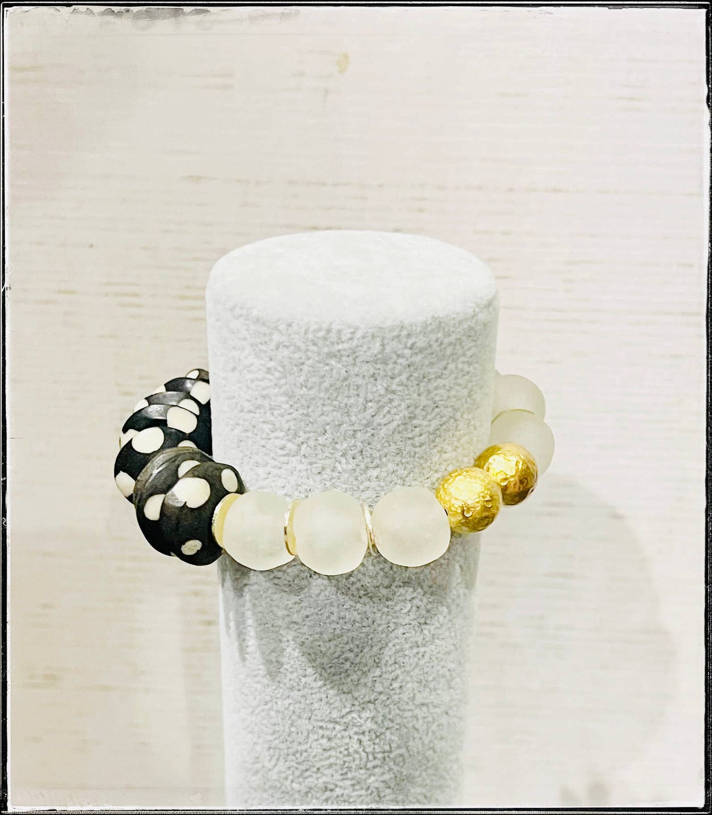 Black Polka Dot & Recycled Glass Bone Bead Stretch Bracelet