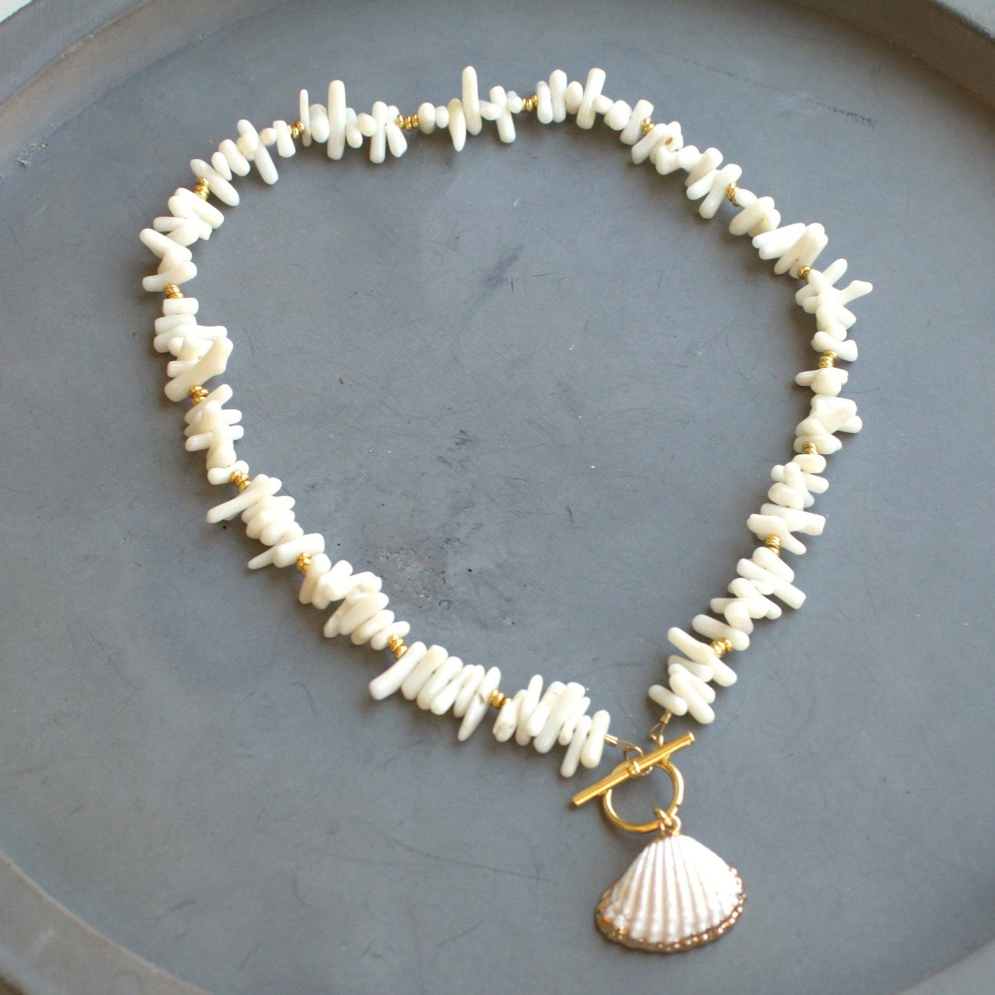 Coastal Shell Charm Necklace – White Coral Chips & Gold Accents