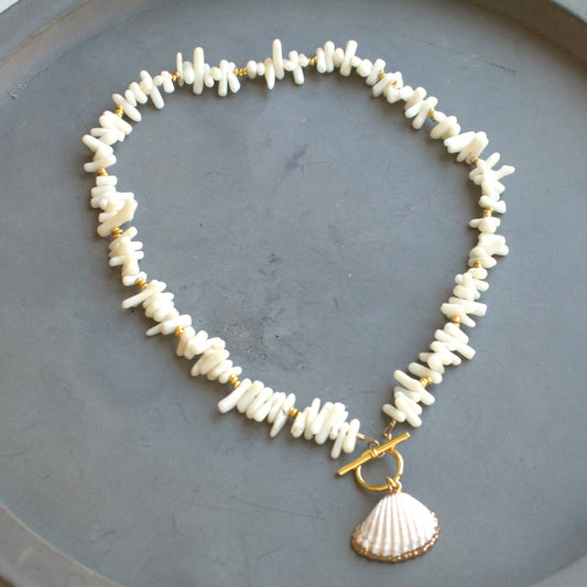 Coastal Shell Charm Necklace – White Coral Chips & Gold Accents