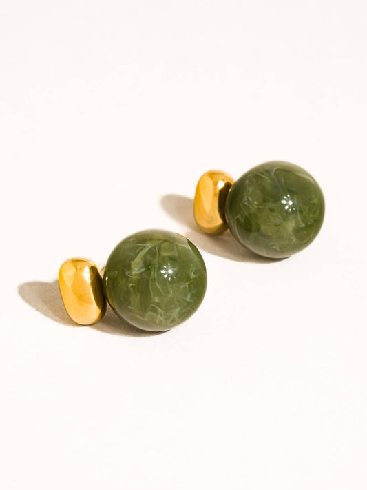 Velisse 18K Gold Non-Tarnish Green Marble Ball Earrings - Flânerie
