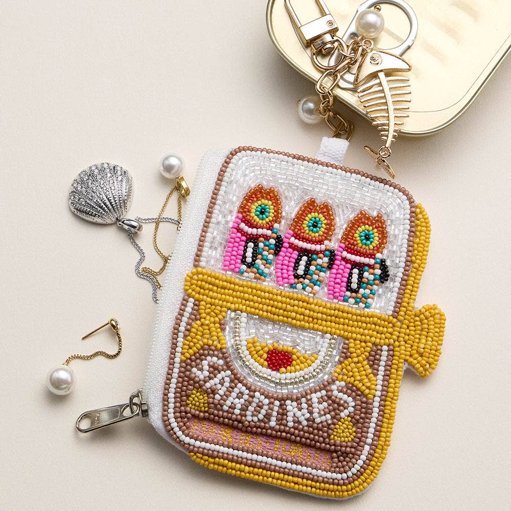 Sensibling Corp. - Fishbone Pearl Charm Keychain Sardine Can Seed Beaded Mini Pouch Bag