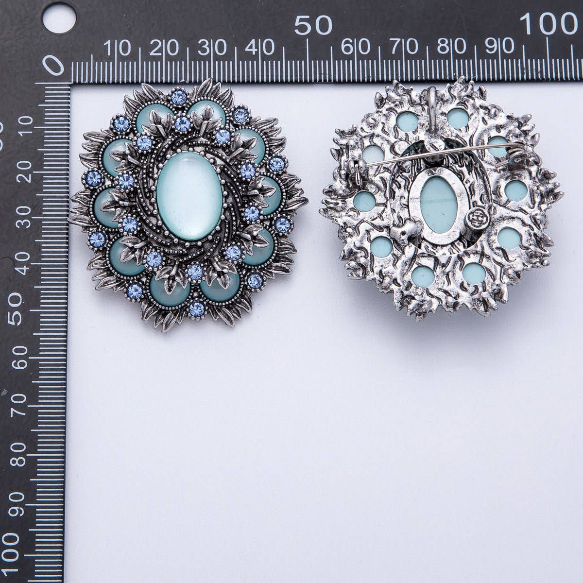 Vintage Antique Silver Flower Brooch Aqua Blue Turquoise Crystal Pin | BH-002 Aim Eternal