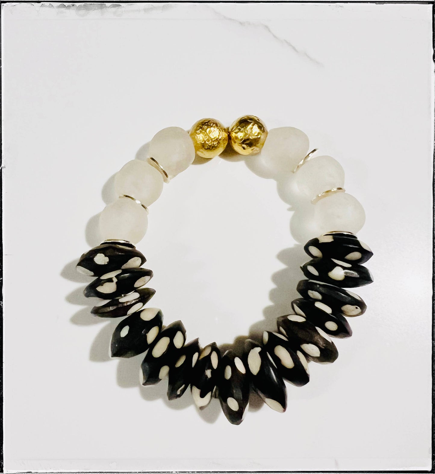 Black Polka Dot & Recycled Glass Bone Bead Stretch Bracelet