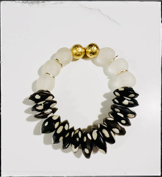 Black Polka Dot & Recycled Glass Bone Bead Stretch Bracelet