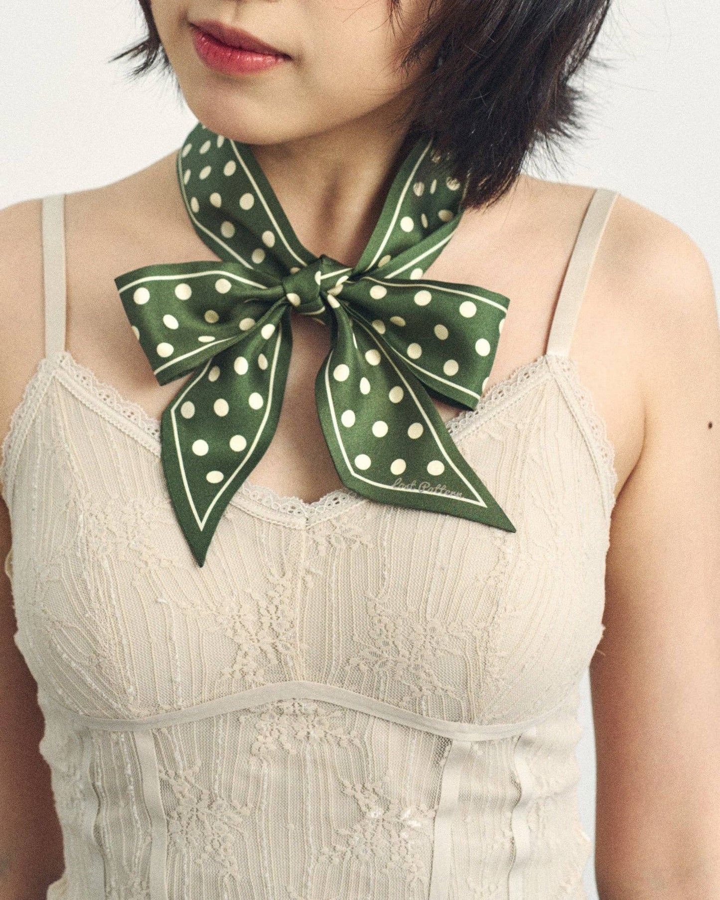 Retro Polka Silk Skinny Scarf - Dark Green Lost Pattern NYC
