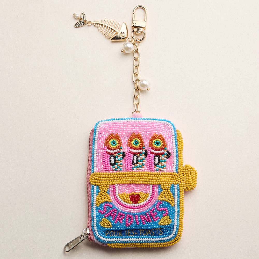 Sensibling Corp. - Fishbone Pearl Charm Keychain Sardine Can Seed Beaded Mini Pouch Bag