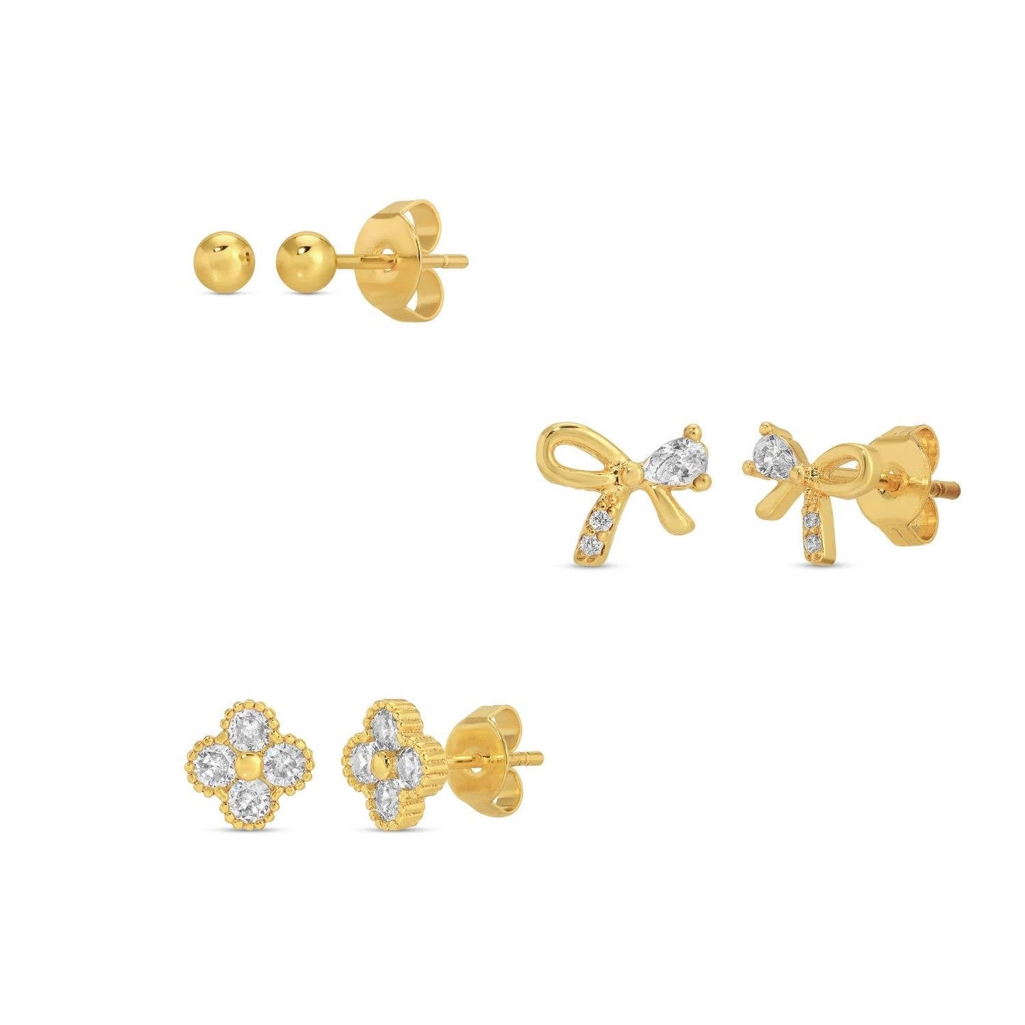 3 Bow Accented Stud Set on Velvet Tag