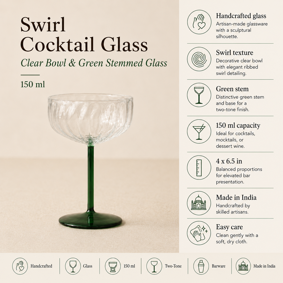 Swirl Cocktail Glass | Clear and Green Stemmed | 150ml - Casa Amarosa