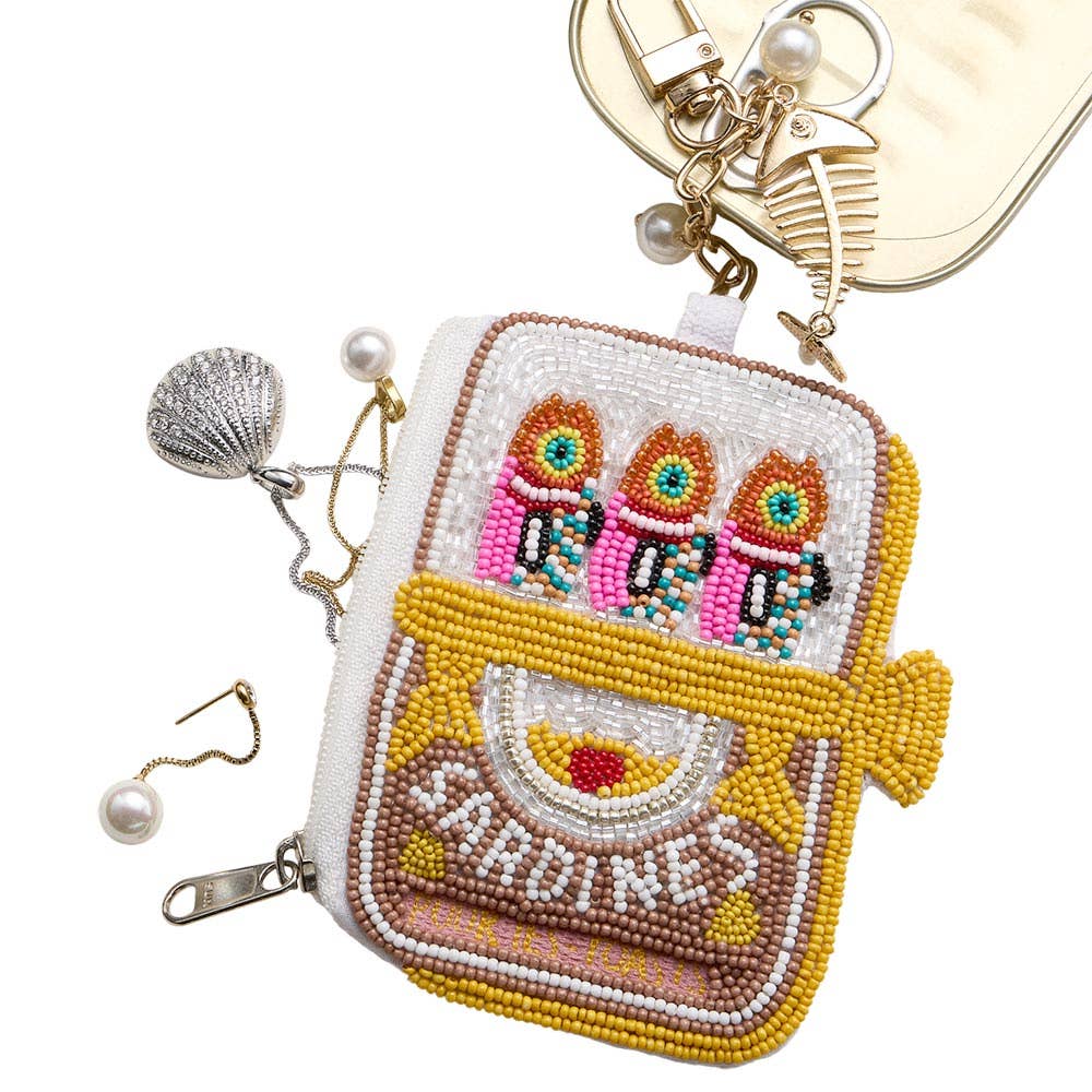 Sensibling Corp. - Fishbone Pearl Charm Keychain Sardine Can Seed Beaded Mini Pouch Bag