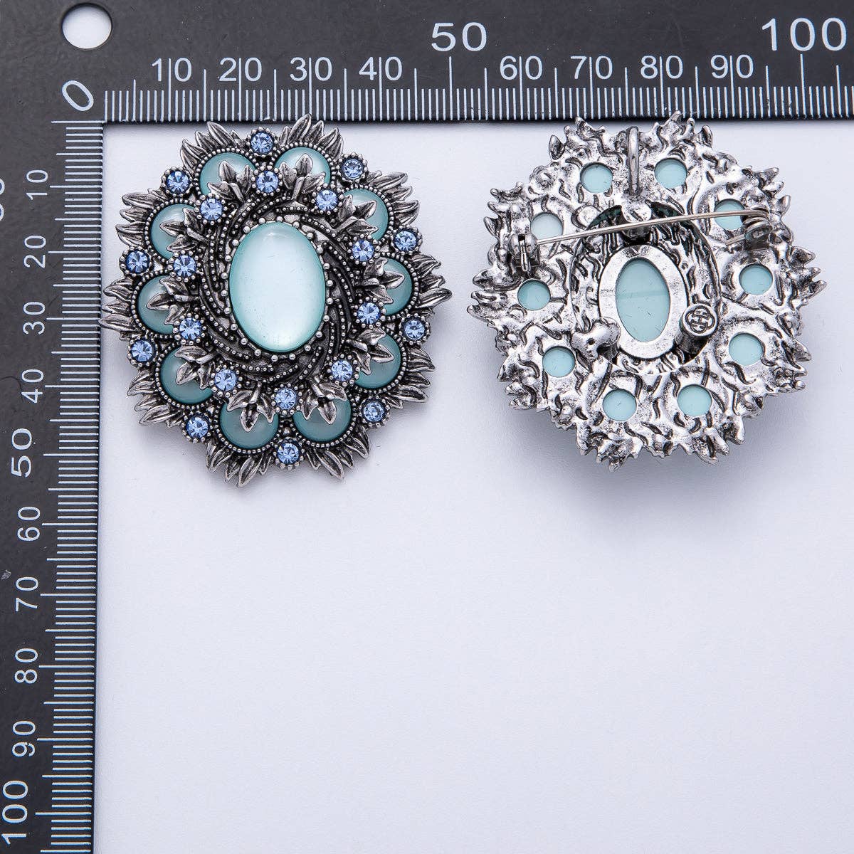 Vintage Antique Silver Flower Brooch Aqua Blue Turquoise Crystal Pin | BH-002 Aim Eternal