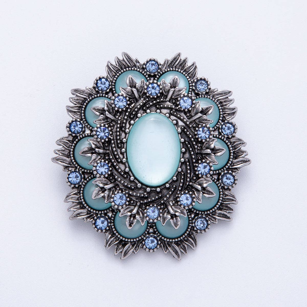 Vintage Antique Silver Flower Brooch Aqua Blue Turquoise Crystal Pin | BH-002 Aim Eternal
