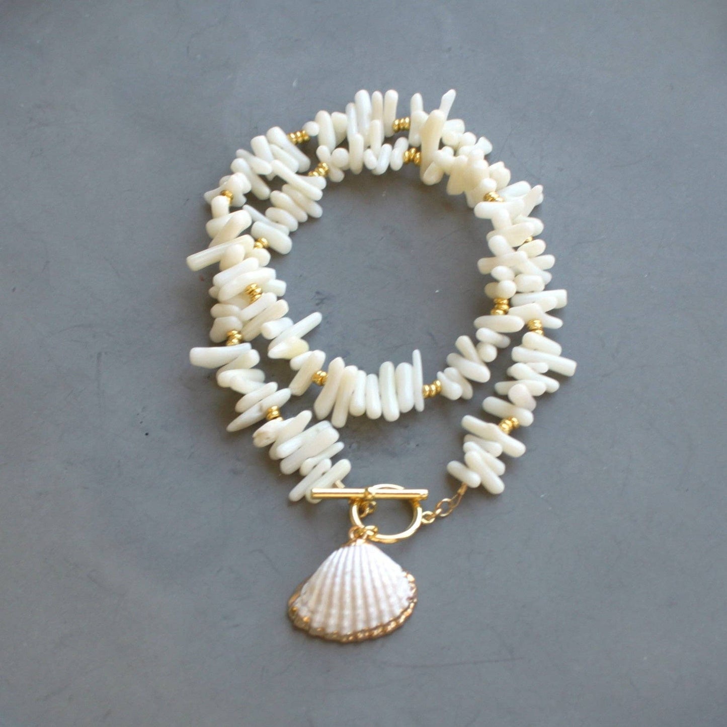 Coastal Shell Charm Necklace – White Coral Chips & Gold Accents