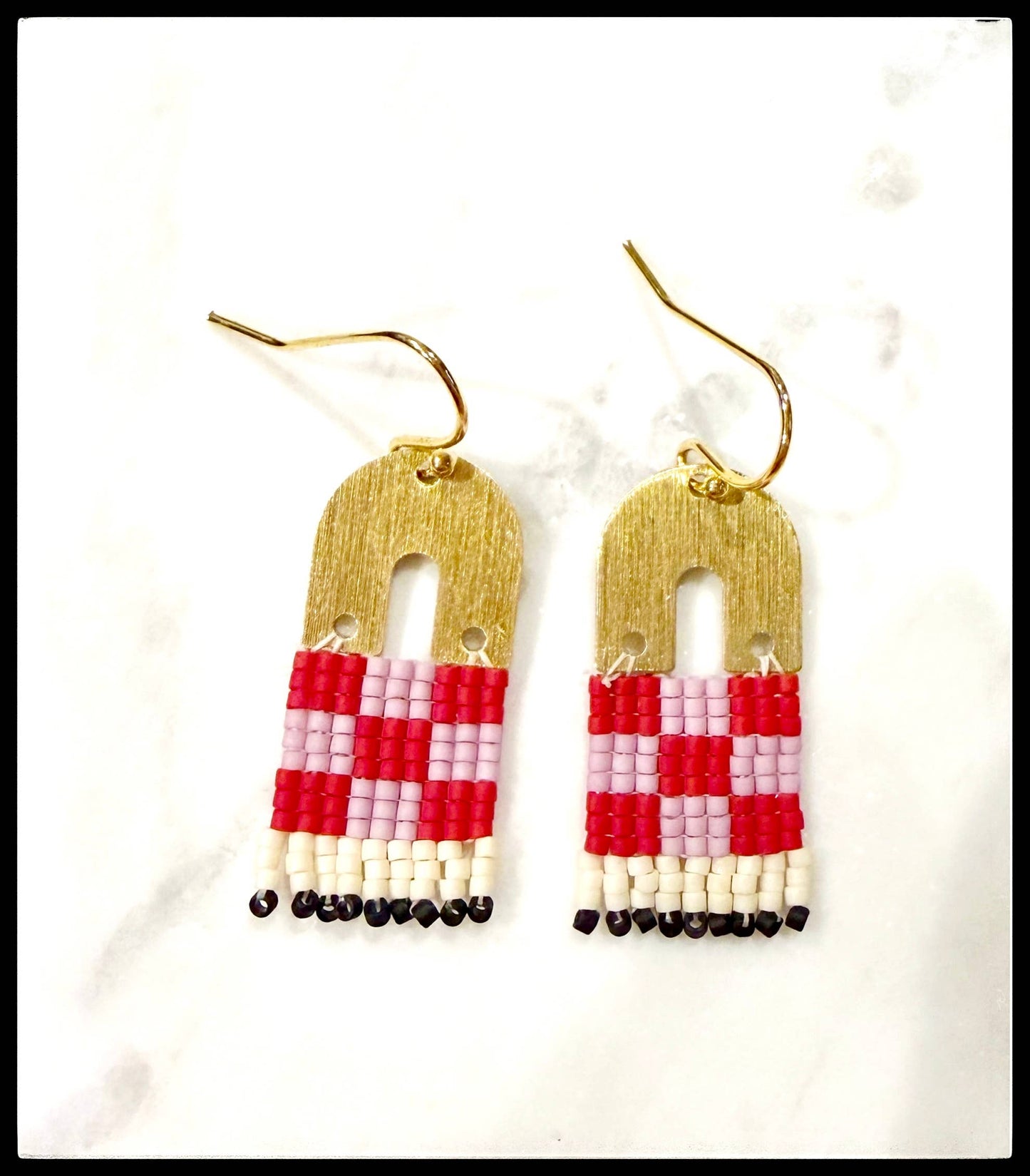 Glass Seed Bead Delica Earring Miyuki Fringe Checkerboard