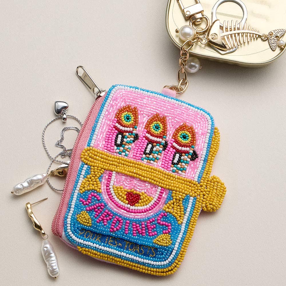 Sensibling Corp. - Fishbone Pearl Charm Keychain Sardine Can Seed Beaded Mini Pouch Bag