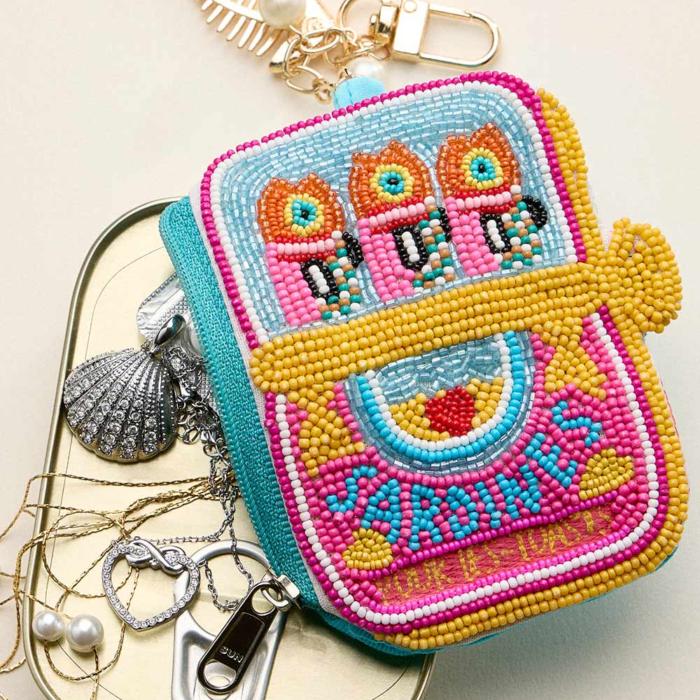 Sensibling Corp. - Fishbone Pearl Charm Keychain Sardine Can Seed Beaded Mini Pouch Bag