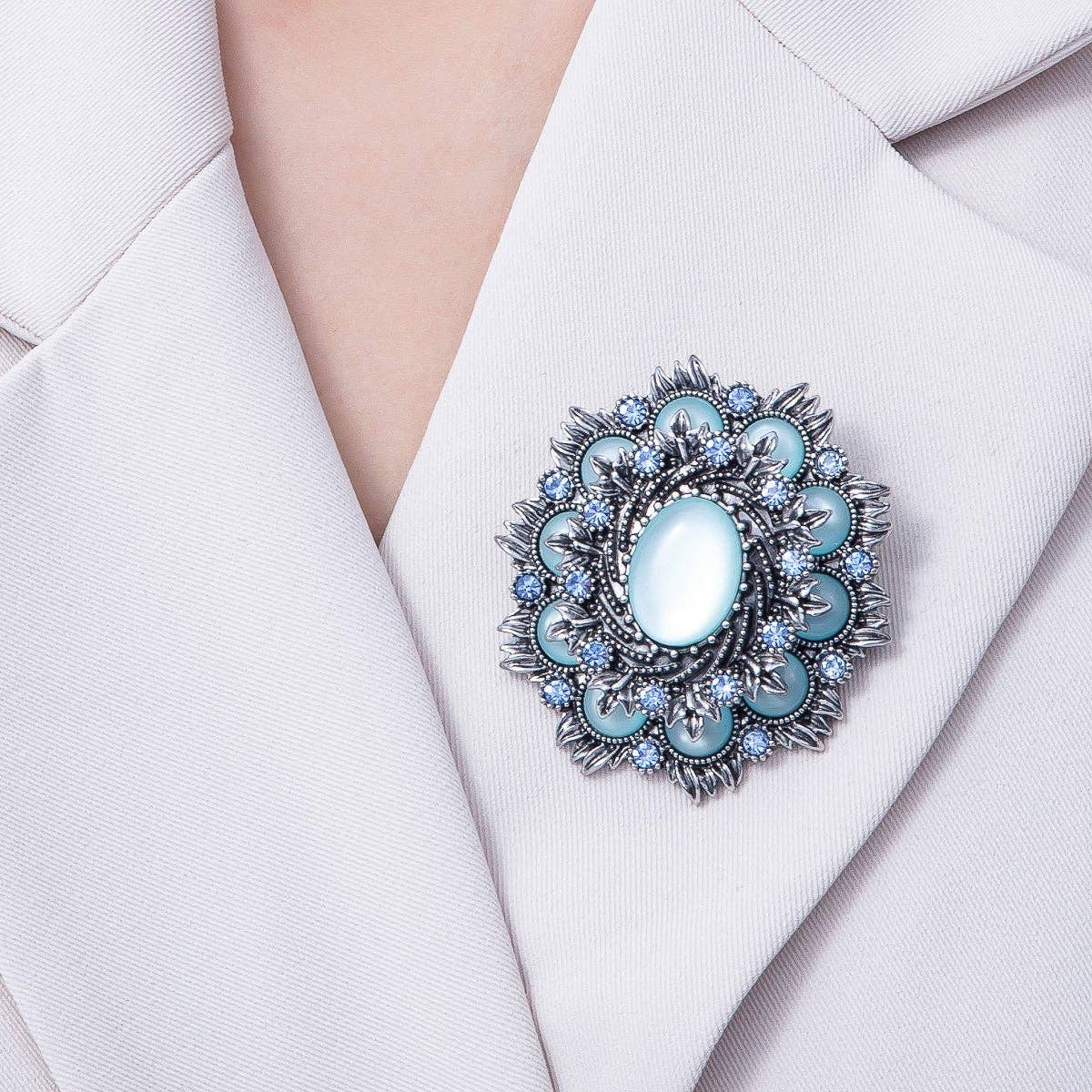 Vintage Antique Silver Flower Brooch Aqua Blue Turquoise Crystal Pin | BH-002 Aim Eternal