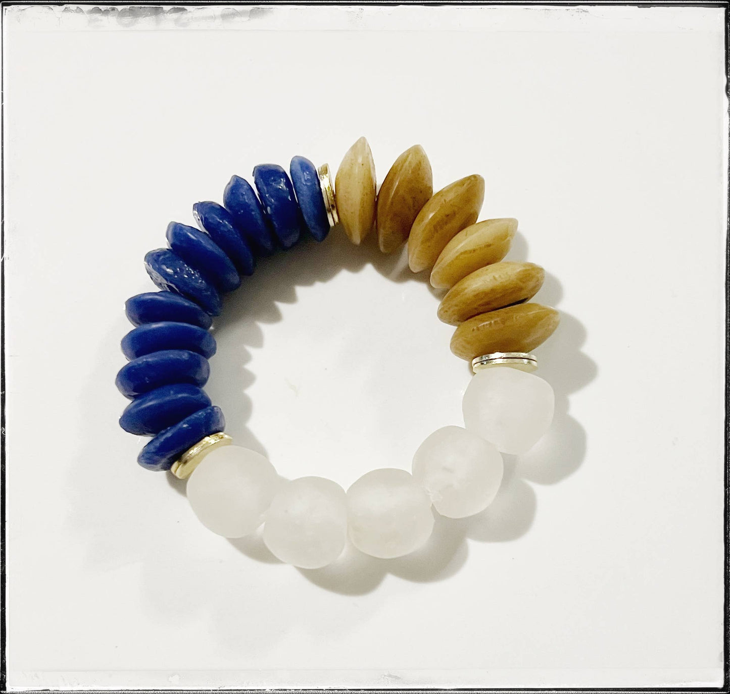 Bone, Blue Ashanti Glass & Recycled Glass Stretch Bracelet