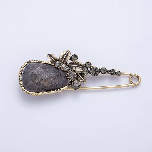 Dark Rhinestone Flower Safety Pin Brooch | BH-068 Aim Eternal - Vintage Gold 82mm x 31mm