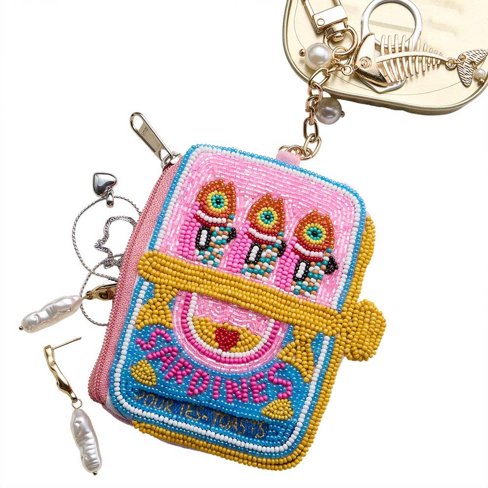 Sensibling Corp. - Fishbone Pearl Charm Keychain Sardine Can Seed Beaded Mini Pouch Bag