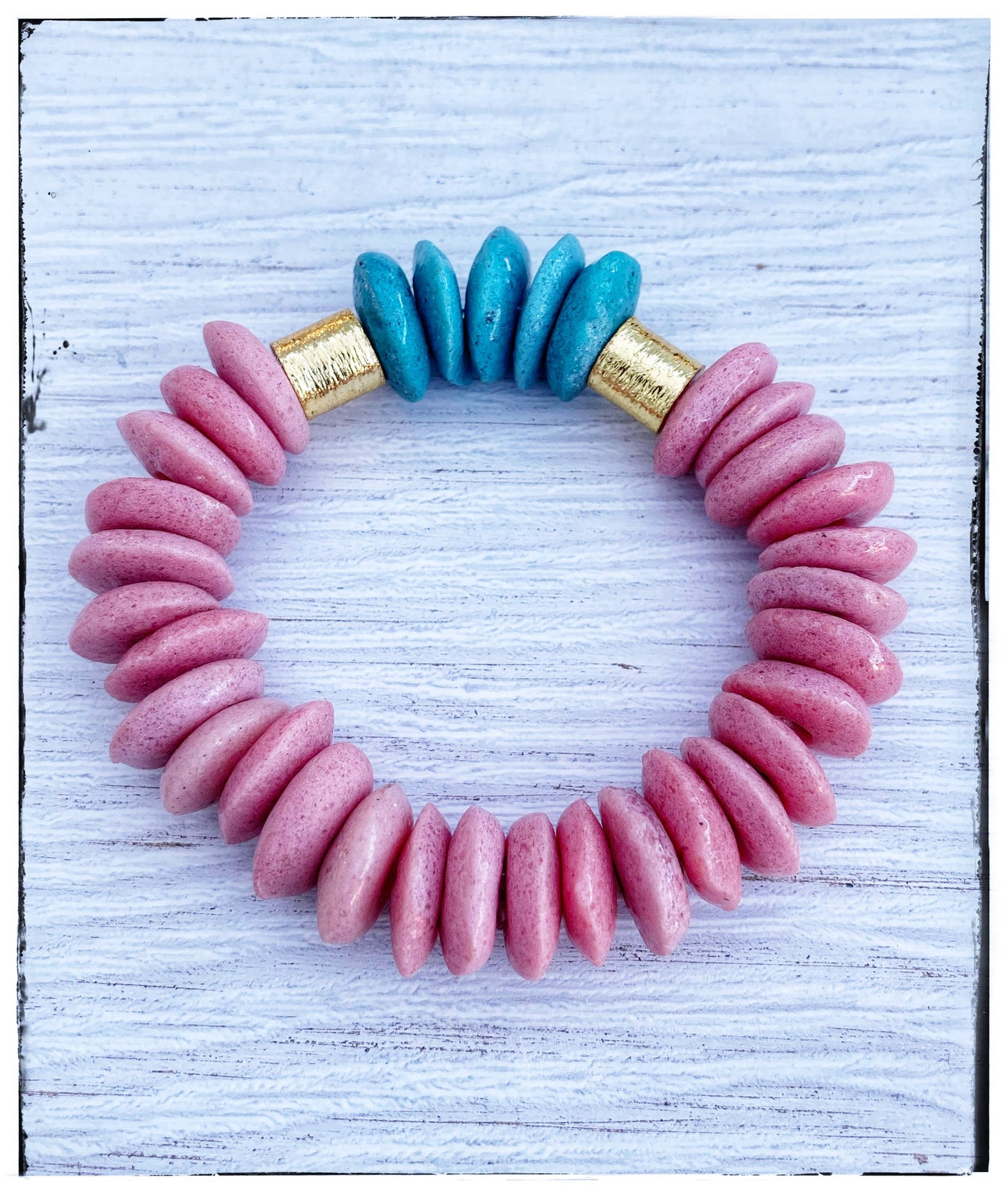 Pink Ashanti Glass & Wood Bead Stretch Bracelet