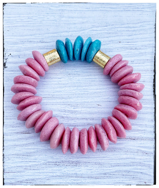 Pink Ashanti Glass & Wood Bead Stretch Bracelet