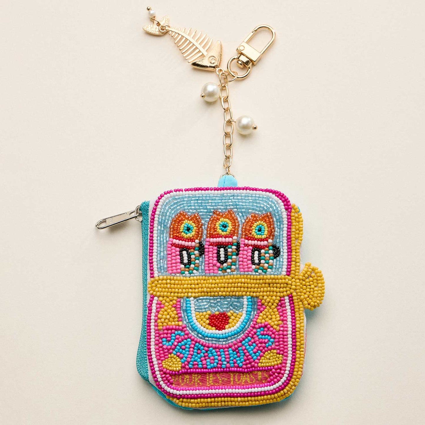 Sensibling Corp. - Fishbone Pearl Charm Keychain Sardine Can Seed Beaded Mini Pouch Bag