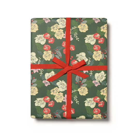 Festive Blooms Holiday Wrapping Paper - Red Cap Cards