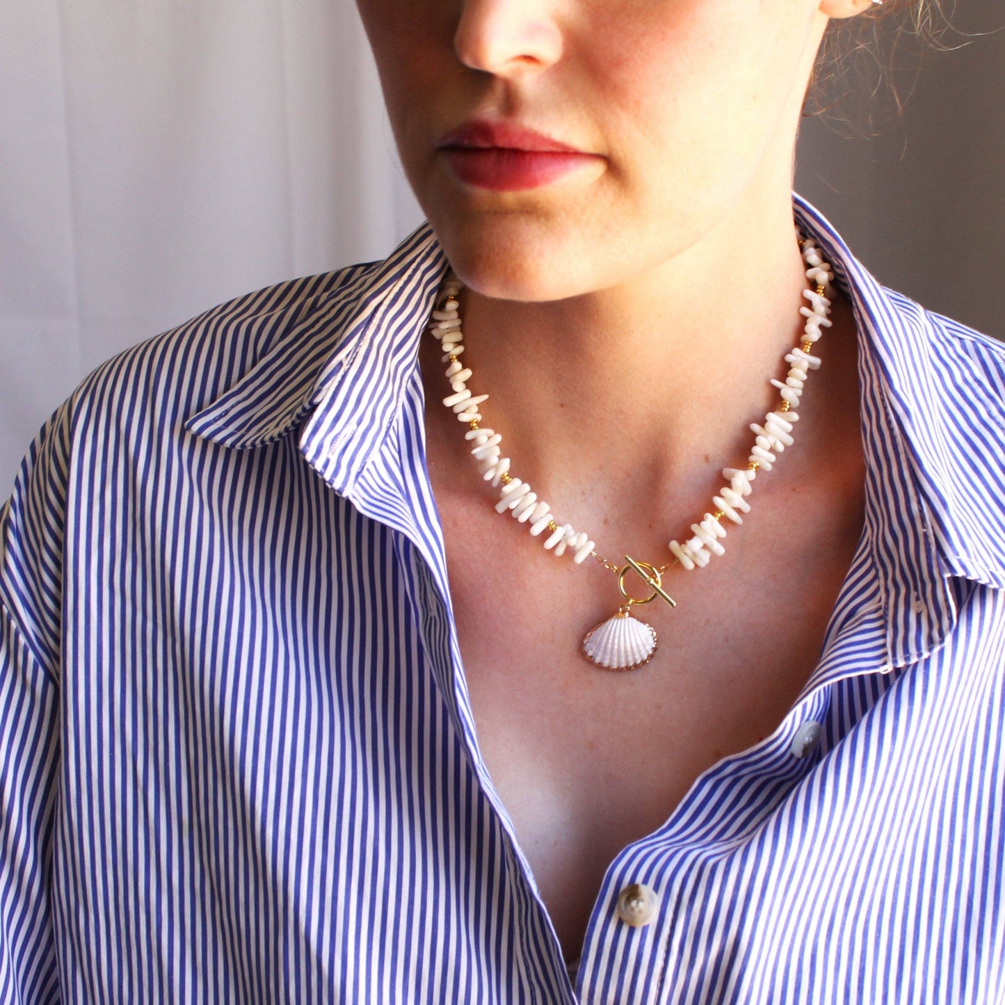 Coastal Shell Charm Necklace – White Coral Chips & Gold Accents